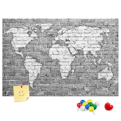 World Map Printed Cork Memo Board on Bricks Pattern