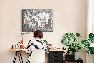 World Map Printed Cork Memo Board on Bricks Pattern