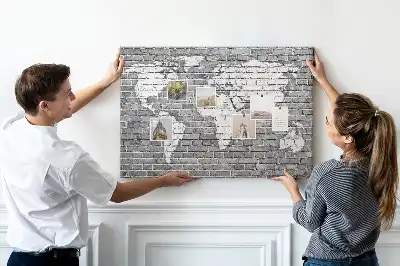 World Map Printed Cork Memo Board on Bricks Pattern