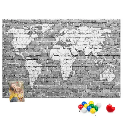 World Map Printed Cork Memo Board on Bricks Pattern