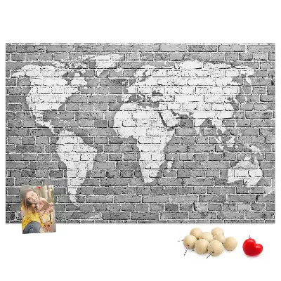 World Map Printed Cork Memo Board on Bricks Pattern