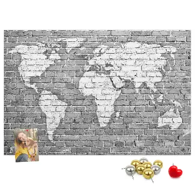 World Map Printed Cork Memo Board on Bricks Pattern