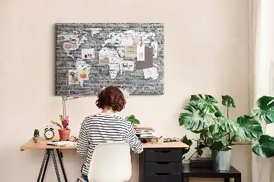 World Map Printed Cork Memo Board on Bricks Pattern