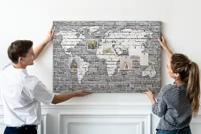 World Map Printed Cork Memo Board on Bricks Pattern