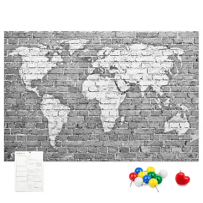 World Map Printed Cork Memo Board on Bricks Pattern
