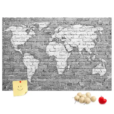 World Map Printed Cork Memo Board on Bricks Pattern