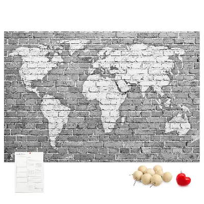 World Map Printed Cork Memo Board on Bricks Pattern