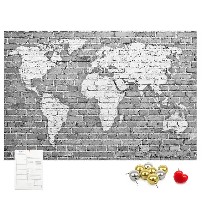 World Map Printed Cork Memo Board on Bricks Pattern