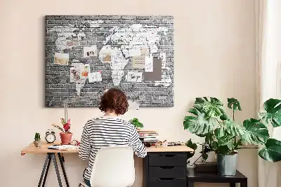 World Map Printed Cork Memo Board on Bricks Pattern