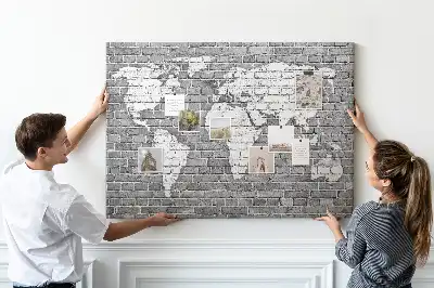 World Map Printed Cork Memo Board on Bricks Pattern