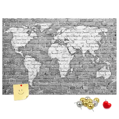 World Map Printed Cork Memo Board on Bricks Pattern