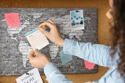 World Map Printed Cork Memo Board on Bricks Pattern