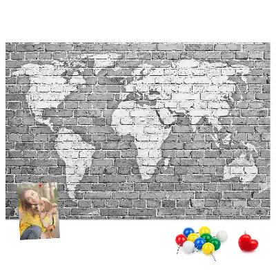 World Map Printed Cork Memo Board on Bricks Pattern