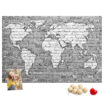 World Map Printed Cork Memo Board on Bricks Pattern