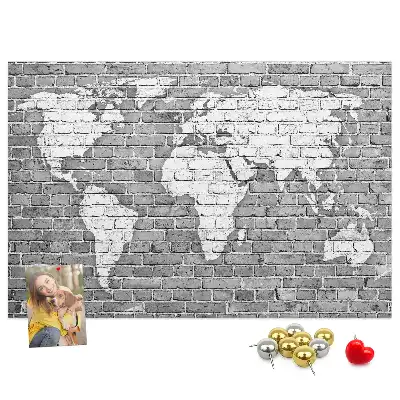 World Map Printed Cork Memo Board on Bricks Pattern