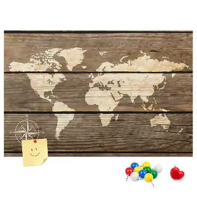 World map cork memo board with wooden frame