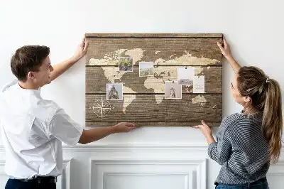 World map cork memo board with wooden frame