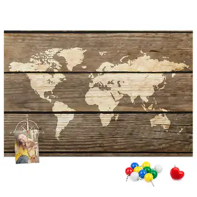 World map cork memo board with wooden frame