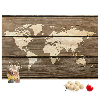 World map cork memo board with wooden frame