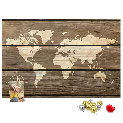 World map cork memo board with wooden frame