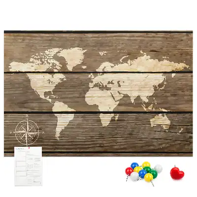World map cork memo board with wooden frame