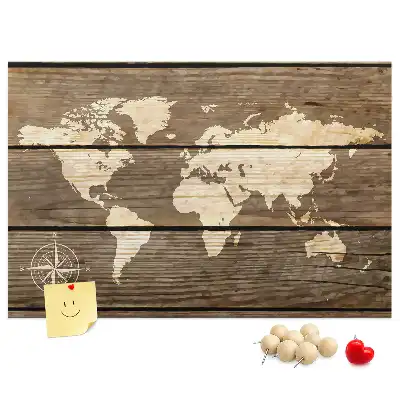 World map cork memo board with wooden frame