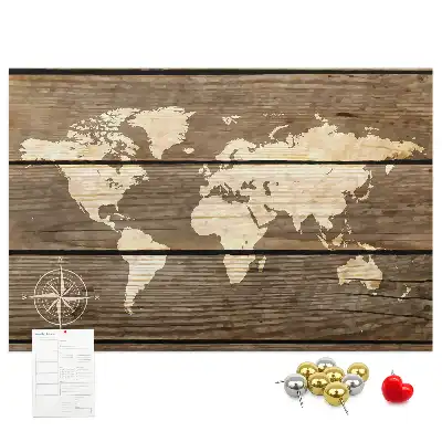 World map cork memo board with wooden frame