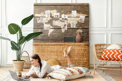 World map cork memo board with wooden frame