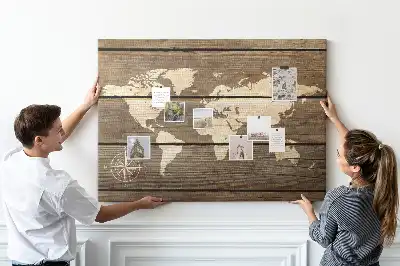 World map cork memo board with wooden frame