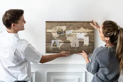 World map cork memo board with wooden frame
