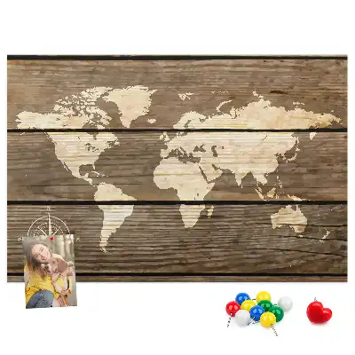 World map cork memo board with wooden frame