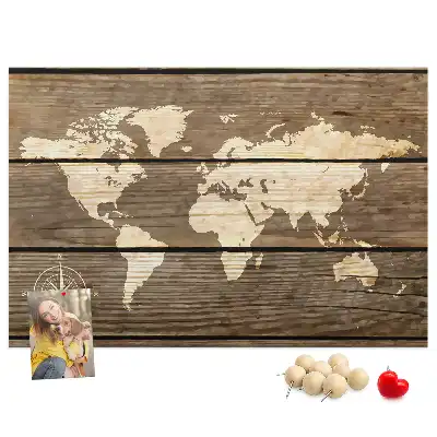 World map cork memo board with wooden frame