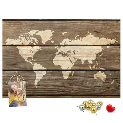 World map cork memo board with wooden frame