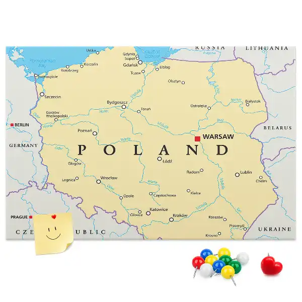 Printed cork board with a political map of Poland