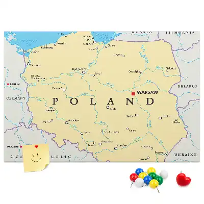 Printed cork board with a political map of Poland