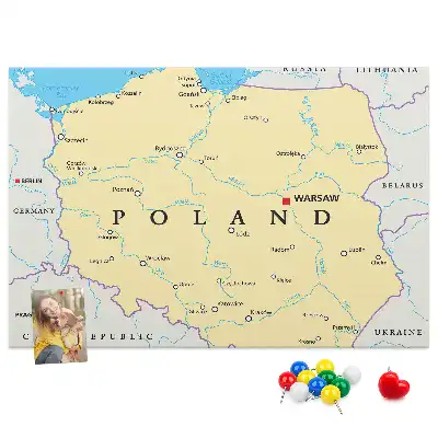 Printed cork board with a political map of Poland