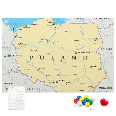 Printed cork board with a political map of Poland