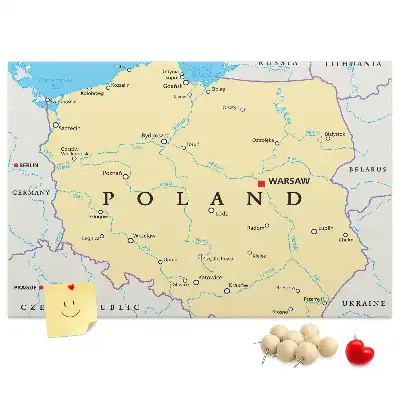 Printed cork board with a political map of Poland
