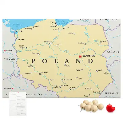 Printed cork board with a political map of Poland