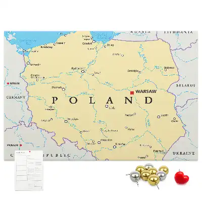 Printed cork board with a political map of Poland