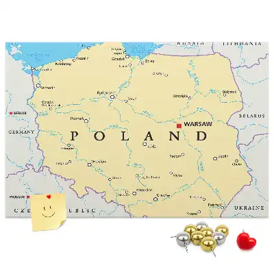 Printed cork board with a political map of Poland
