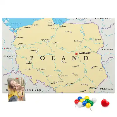 Printed cork board with a political map of Poland