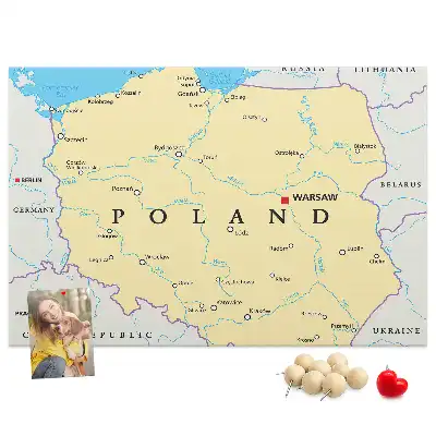 Printed cork board with a political map of Poland