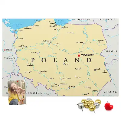 Printed cork board with a political map of Poland