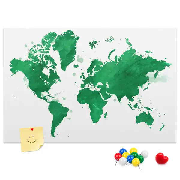 Cork memo board with a green world map print