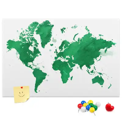Cork memo board with a green world map print