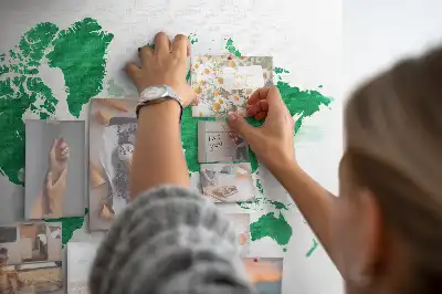 Cork memo board with a green world map print