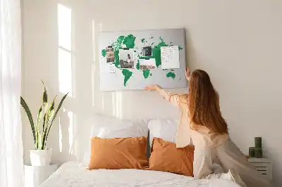 Cork memo board with a green world map print