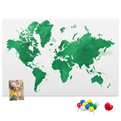 Cork memo board with a green world map print