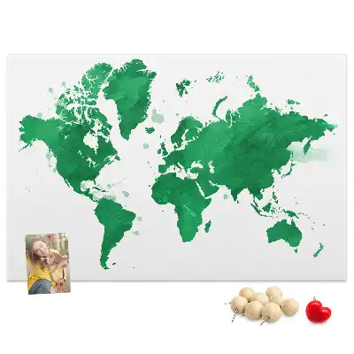 Cork memo board with a green world map print